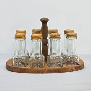 Vintage Wood‎ Spice Rack 8 Glass Jars MCM Starburst Pattern Yellow Metal Lids